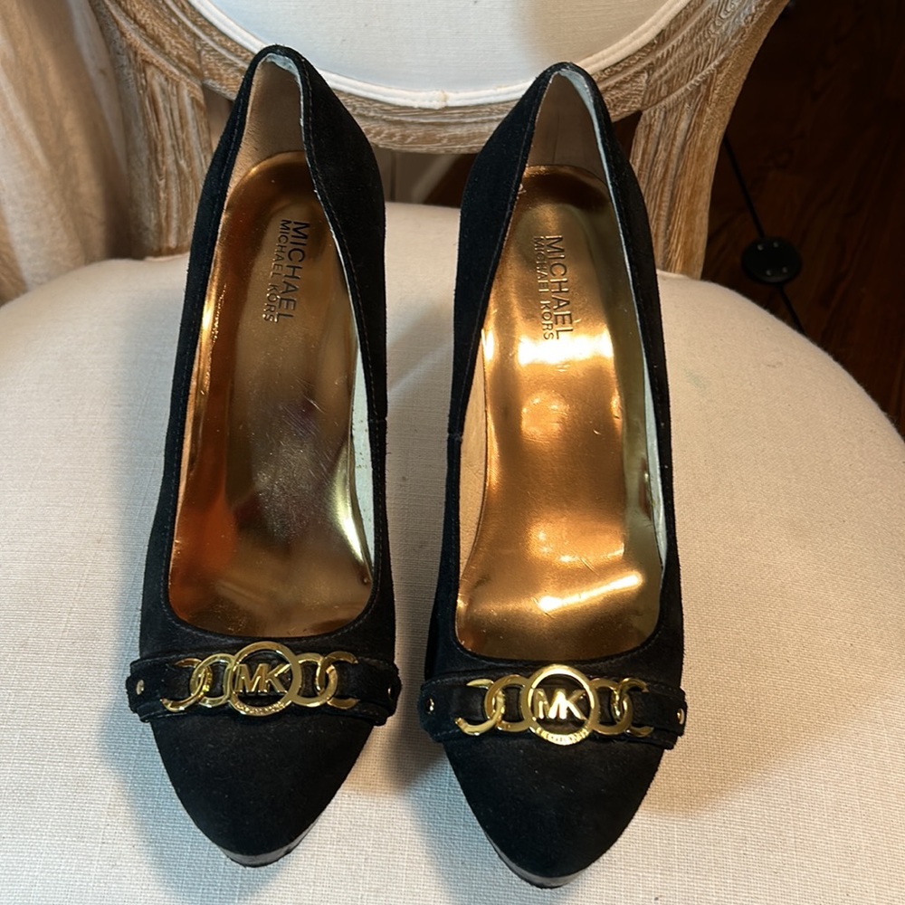 Michael Kors HAMILTON Pump Black Suede Heels Stiletto Platform MK logo Size 10